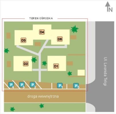 Schematyczny plan ośrodka Star Camp: domki D1–D5 z alejkami, miejsca parkingowe przy drodze wewnętrznej, obok ul. Leonida Teligi